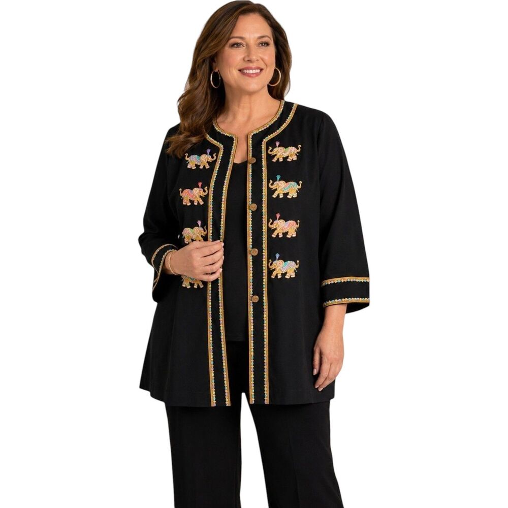 Vintage Bob Mackie Wearable Art Embroidered Elephant Jacket 2X Black